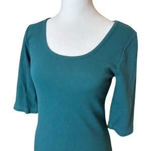 Soft Surroundings Shirt Green XS 1/2 Sleeve Scoop Neck Top Ribbed Casual Classic